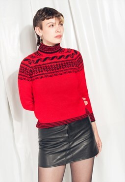 Vintage Jumper 80s Hand Knitted Sweater in Red