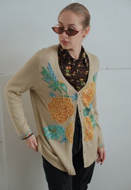 Vintage 80s Party Cardigan with Floral Bead Embroidery S