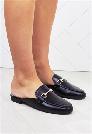 GABBY BLACK FAUX LEATHER BUCKLE MULES