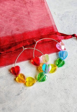 RAINBOW IRIDESCENT CANDY HEART HOOP EARRINGS