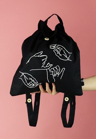 HANDS LINE DRAWING PRINT COTTON BACKPACK - WHITE ON BLACK