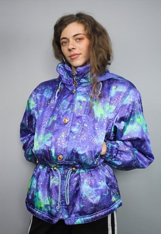 VINTAGE ELLESSE FLORAL PATTERN SKI PUFFER JACKET WITH HOOD