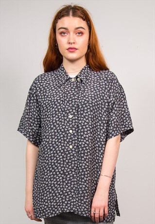 VINTAGE 90'S GREY FLORAL PATTERN SHORT SLEEVE SHIRT