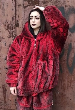 Python fleece Bomber detachable faux fur jacket in red snake