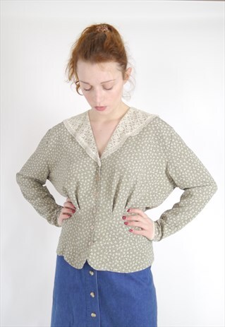 VINTAGE 70S DITSY GREEN FLORAL PRAIRIE BLOUSE