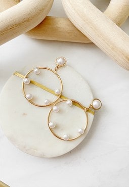Gold Faux Pearl Minimalist Everyday Hoop Circle Earrings