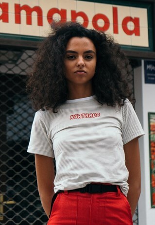 HANDMADE SHORT SLEEVED T-SHIRT IN BEIGE WITH STRIPES