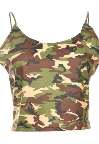 BEYOND RETRO VINTAGE CAMOUFLAGE PRINT GREEN CROPPED TOP - M