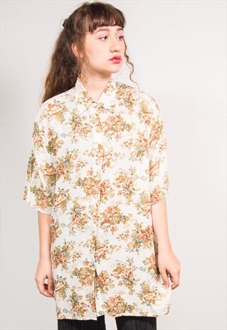 VINTAGE 90'S CREAM FLORAL PRINT OVERSIZED SHORT SLEEVE SHIRT