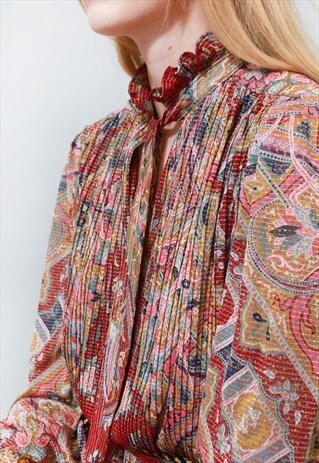 VINTAGE 1970'S RED PAISLEY METALLIC STRIPE MIDI DRESS