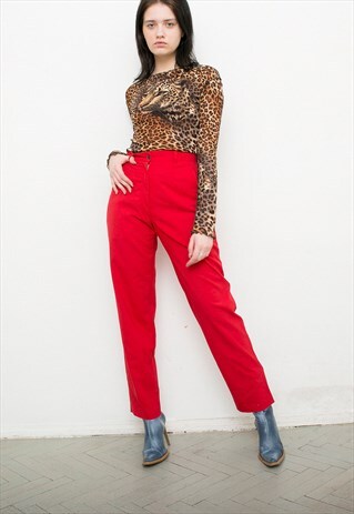 VINTAGE BRIGHT RED CLASSIC TROUSERS ELEGANT HIGH-RISE