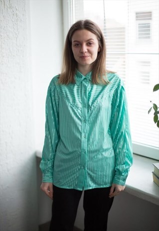 VINTAGE 80'S GREEN STRIPED BLOUSE