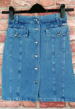 Vintage 80s Button Up Front Blue Denim Short Mini Skirt