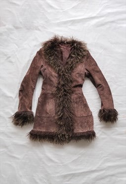 y2k vintage Afghan Penny Lane Fur Trim Leather Coat