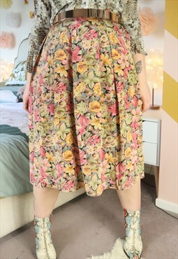 Vintage 90s Pastel Cottage Floral Flower Festival Midi Skirt