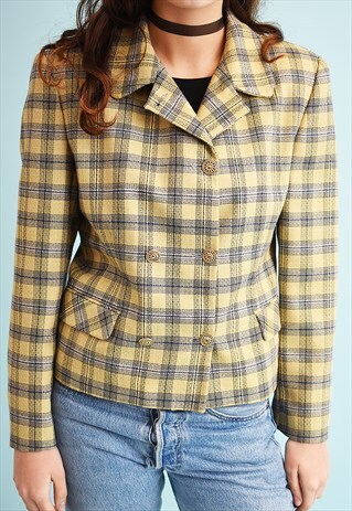 80'S RETRO TARTAN CHECKED MOMS BLAZER JACKET