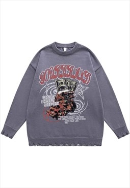 Money print sweater knitted distressed gangster jumper grey