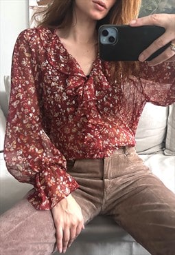 Brown Sheer Boho Blouse - Large 