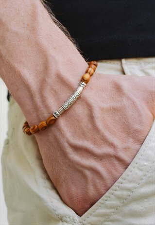 BAR BRACELET, WOOD BEADS MEN'S BRACELET WITH SILVER LONG BAR