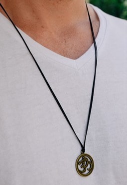 Men's necklace with black cord, bronze om pendant, ohm 