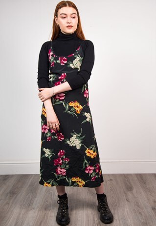 VINTAGE 90'S BLACK FLORAL PATTERN STRAPPY MIDI DRESS