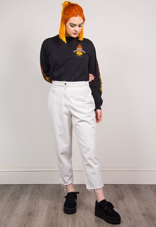 VINTAGE 90'S WHITE DENIM HIGH WAIST RAW HEM MOM JEANS