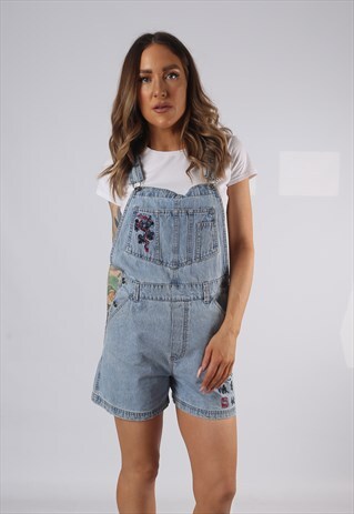 VINTAGE DENIM DUNGAREE SHORTS ROUTE 66 UK 10 SMALL (HD1V)