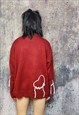 HEART SWEATER KNITTED GRUNGE JUMPER FLEECE PATCH TOP IN RED