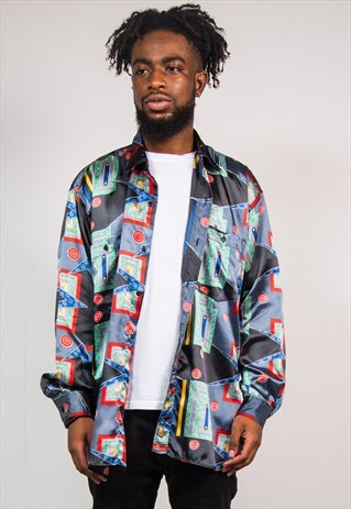 VINTAGE 90'S SATIN STYLE ABSTRACT LONG SLEEVE SHIRT