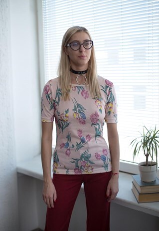 VINTAGE 80'S PINK SHIMMERING FLOWER PRINT SHORT SLEEVED TOP