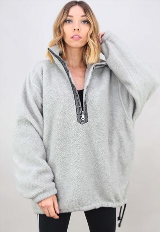 VINTAGE 90S OVERSIZED 1/4 ZIP PULL OVER GREY TEDDY FLEECE