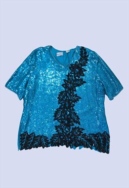 Vintage Blue Sequin Bead Embellished Short Sleeve Blouse