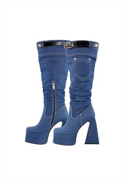 Denim Square Toe Chunky Heel Platform Boots