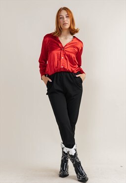 Vintage Preppy Red&Black Satiny Long Sleeve Jumpsuit M