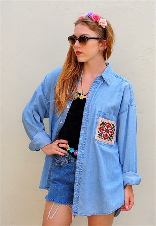 VINTAGE DENIM OVERSIZE RE-WORKED EMBELLISHED PATCHES SHIRT
