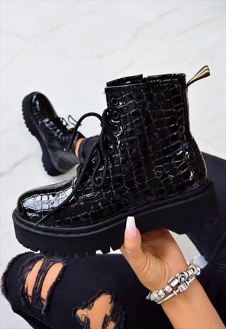 CHUNKY PLATFORM LACE UP ANKLE BOOTS - BLACK CROC