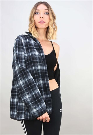 VINTAGE RETRO OVERSIZED ZIP UP REVERSIBLE BLACK CHECK FLEECE