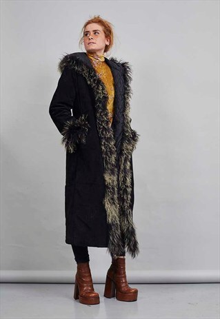BLACK 70'S VINTAGE SUEDE MONGOLIAN FUR EDGED HOODED COAT