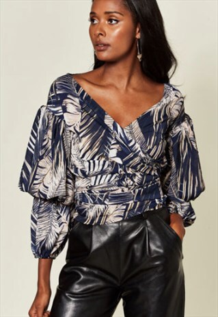 NAVY TROPICAL LEAF PRINT LONG SLEEVE CROP CROSS OVER BLOUSE