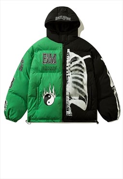 Skeleton puffer split colour bomber jacket grunge varsity