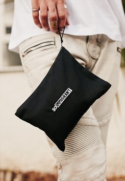 Black SO IMMIGRANT embroidered clutch bag