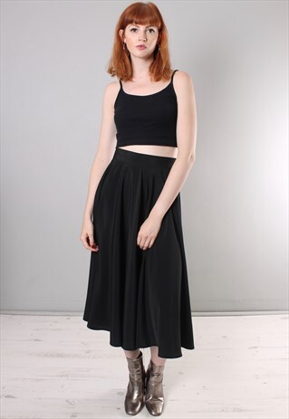 VINTAGE 80S BLACK SATIN FEEL A-LINE BUTTON MIDI SKIRT