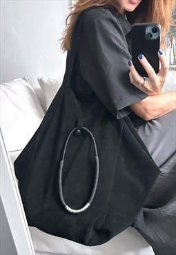 Suede Black Goth Minimal Shoulder Bag 