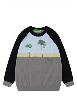 Trees print sweater knitted raglan jumper skater top grey
