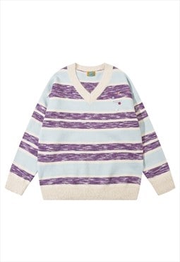 V neck knit sweater striped jumper rainbow pullover purple