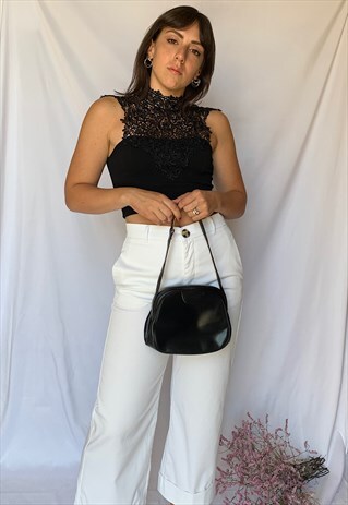 VINTAGE 70S BLACK REAL LEATHER SHOULDER BAG