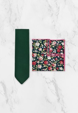 Dark Green Knitted Tie & Floral Pocket Square Wedding Set 