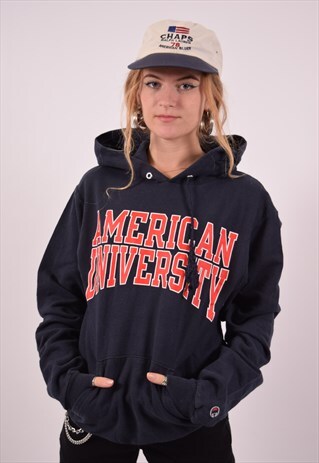 VINTAGE CHAMPION AMERICAN UNIVERSITY HOODIE JUMPER NAVY BLUE