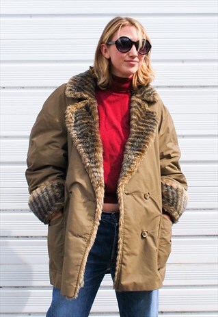 VINTAGE KHAKI FAUX FUR PARKA COAT