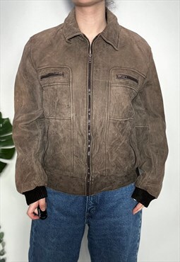  Leather bomber jacket vintage 90s tan brown redskins   